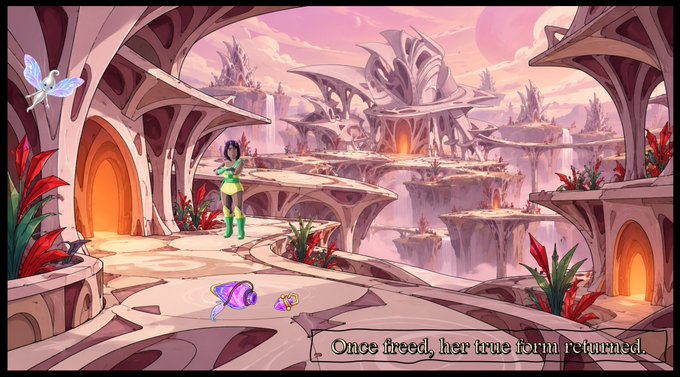 A video game screenshot showing a fantasy alien landscape with floating islands, a green-skinned character, and the text 'Once freed, her true form returned.'
