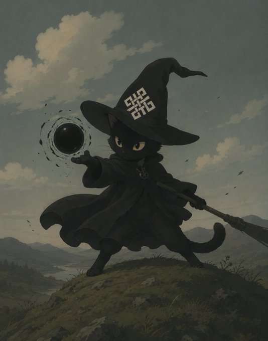 A fantasy artwork of a black cat dressed as a witch wearing a pointed hat with a geometric symbol, holding a broomstick and conjuring a dark orb against a cloudy sky backdrop.
