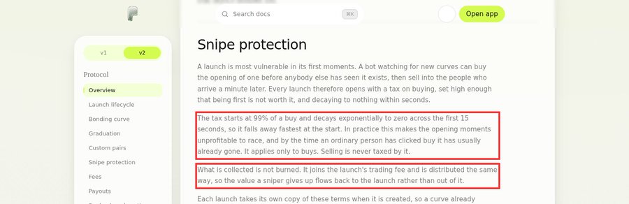 A documentation page for "Snipe protection" on what appears to be a launchpad platform (v2), highlighting that an anti-snipe tax starts at 99% and decays exponentially to zero across the first 15 seconds to deter early bots. This relates to the post discussing the Pons v2 factory's new anti-snipe mechanism, showing the documentation explaining the feature being tested.