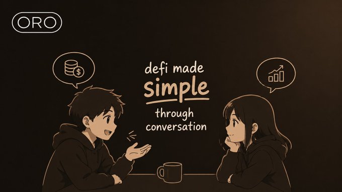 An animated illustration shows a boy and girl sitting at a table with speech bubbles containing coin and chart icons, alongside the text 'defi made simple through conversation' and an 'ORO' logo.