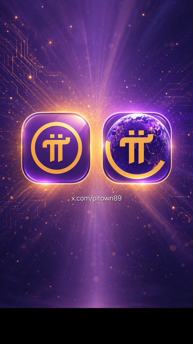 A promotional image displays two purple Pi Network cryptocurrency logos with a glowing background and the text 'x.com/pitown89'.