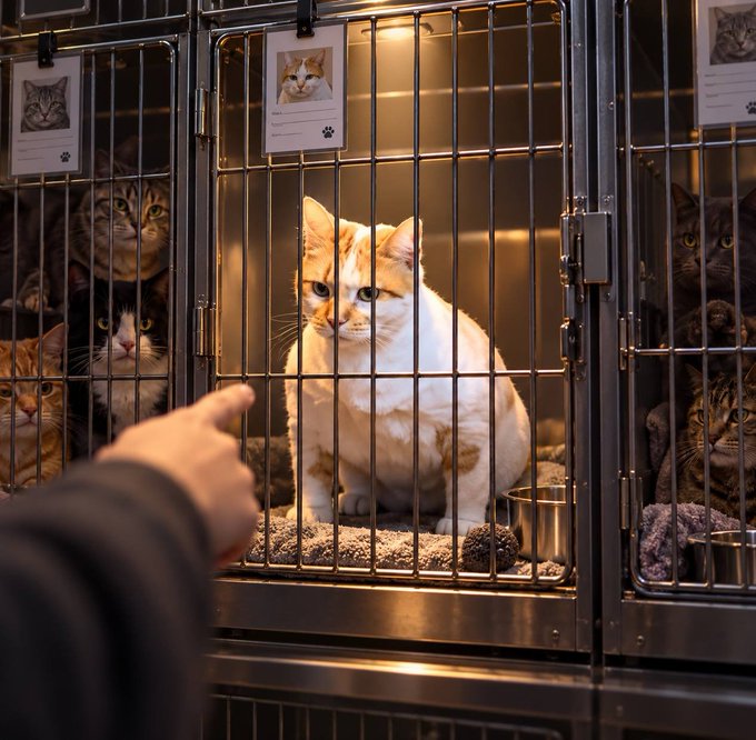 A hand points toward a white and orange cat sitting in a cage, surrounded by other cats behind bars with adoption profile cards featuring their photos. The image metaphorically represents choosing "the real one" — a direct parallel to the post's message about $GIGACAT being the standout pick among hyped options, as the pointed finger singles out the chosen cat just as the post declares GigaCat as "The Chosen One."