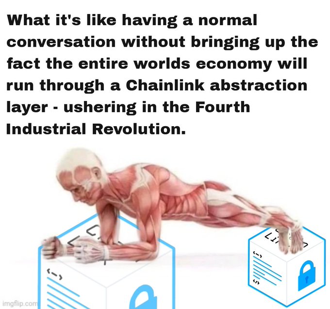 A meme featuring a muscular anatomy figure in a plank position on blockchain-themed boxes, with text reading: 'What it's like having a normal conversation without bringing up the fact the entire worlds economy will run through a Chainlink abstraction layer - ushering in the Fourth Industrial Revolution.'