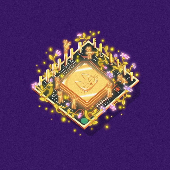 A stylized isometric illustration depicts a glowing golden circuit board with cat-themed architecture, featuring cat statues, floral vines, and a central cat face emblem, all set against a deep purple background—visually representing the "Catcoin Processing Unit" ($CETS) as a whimsical, always-active blockchain engine.