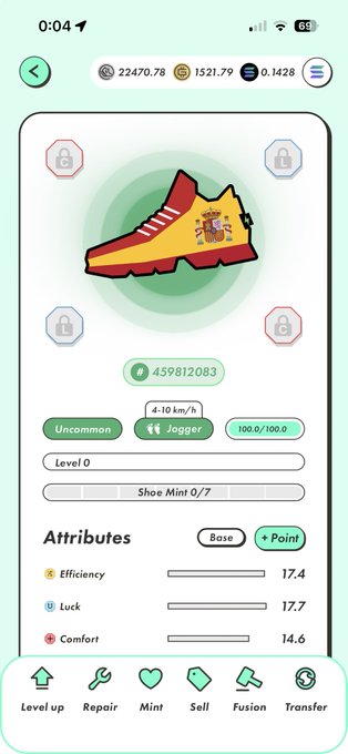 The image shows a STEPN app NFT sneaker screen displaying a Spain-themed shoe with the national flag and crest, classified as "Uncommon" Jogger type at Level 0 with attributes Efficiency 17.4, Luck 17.7, and Comfort 14.6. The post relates by sharing the user's excitement about pulling this limited Spain World Cup-themed NFT sneaker from STEPN's game, celebrating Spain's tournament victory.