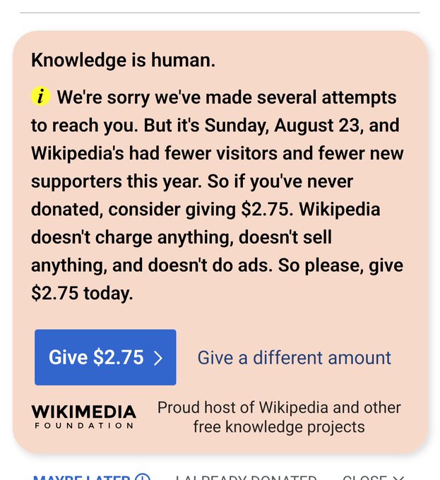 A Wikimedia Foundation donation banner states 'Knowledge is human' and notes that it's Sunday, August 23, asking for a $2.75 donation, with a 'Give $2.75' button visible.