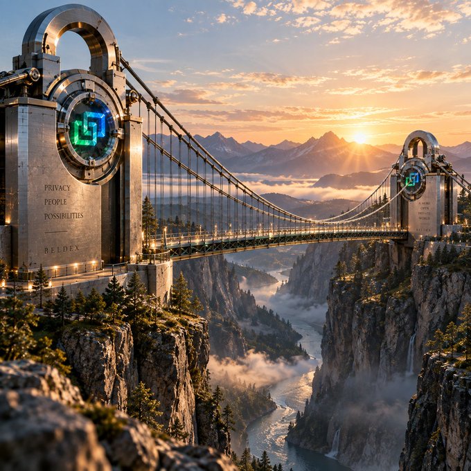 A fantasy-style digital artwork depicting a suspension bridge spanning a deep mountain gorge at sunset, with large circular medallions displaying the Beldex cryptocurrency logo and the words 'PRIVACY PEOPLE POSSIBILITIES' inscribed on the stone pillars.