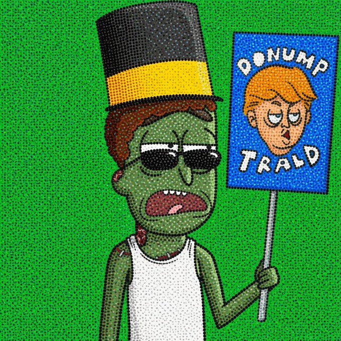A cartoon zombie character wearing a top hat and sunglasses holds a blue protest sign reading 'DONUMP TRALD' against a halftone green background.