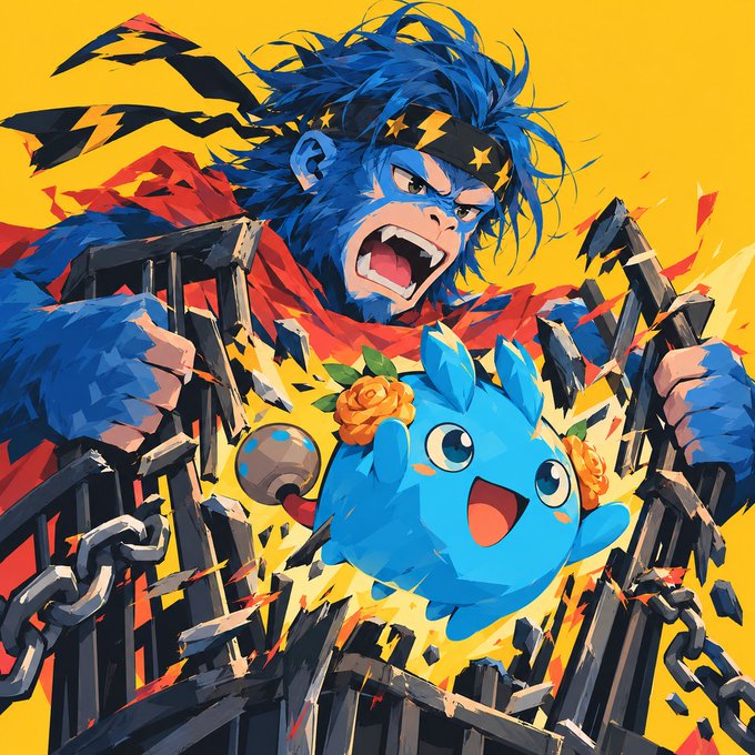 A vibrant anime-style illustration of a blue-furred character with a red scarf and a smaller blue mascot character with orange flowers, set against a yellow background.