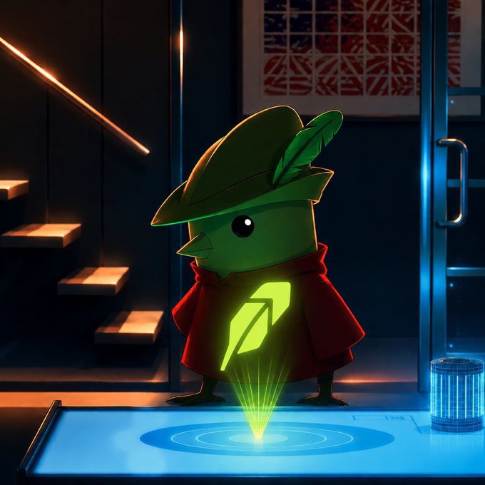 A 3D-rendered green bird-like character wearing a feathered hat and red cloak, standing in a moody room while projecting a glowing green 'Robinhood'-style feather logo from a futuristic blue console.