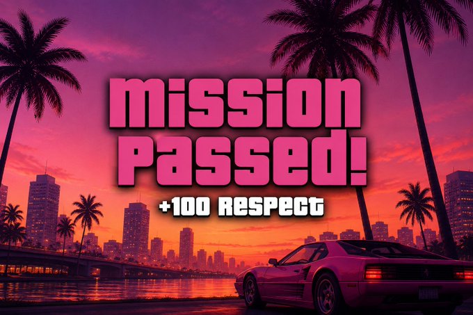 A Miami sunset skyline with palm trees and a sports car frames the bold pink text "MISSION PASSED! +100 RESPECT," visually rewarding the "Fan Token™ hunted" mission completion.
