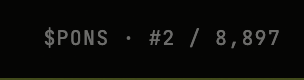 The image displays the text "$PONS · #2 / 8,897" on a black background, likely indicating a ranking or leaderboard position. This relates to the post's humorous boast about being the #2 top shiller of the $PONS token on Twitter, playfully claiming the title just below another user.