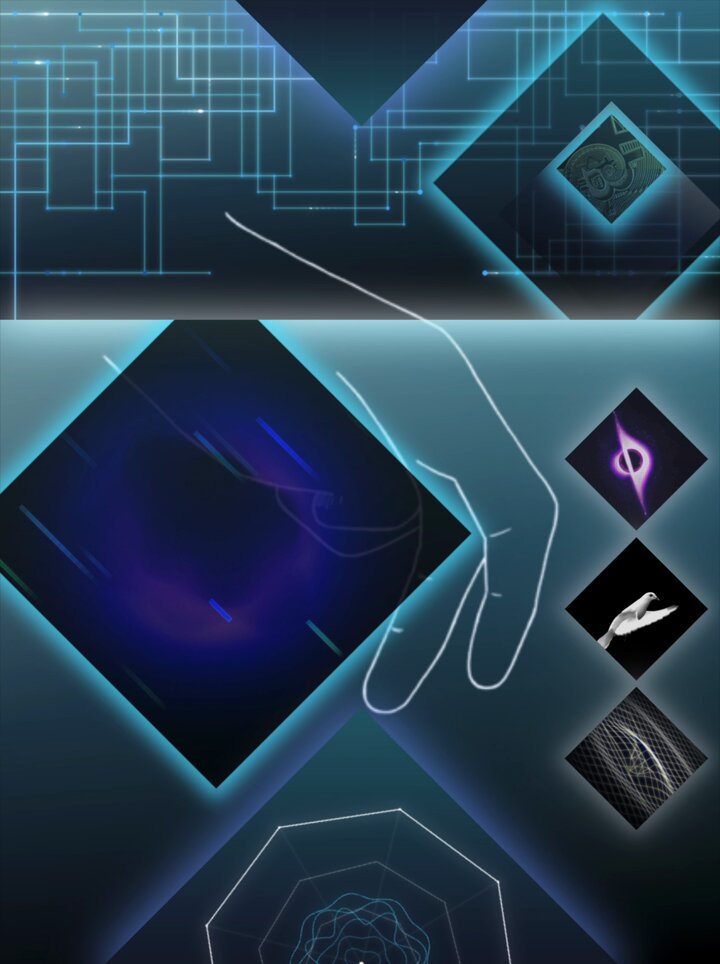 The image features a digital art piece with various 3D elements arranged on a dark blue background, accompanied by white text that says "Great shoutout" and "Collective binary loops" from @jamesbloom_ to another artist named @postanika on an art-related post. The artwork also includes different images of shapes and symbols, such as squares and circles with lines through them, along with neon lights, a lightbulb, and a hand pointing towards one of the shapes. Each image is accompanied by text that provides context or explanations about the elements depicted in each piece.
