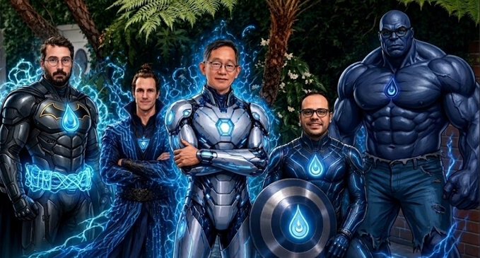 A digitally edited image depicting four tech industry figures dressed as superheroes in blue and black armored suits with Sui cryptocurrency logos, including one resembling a Hulk-like character.