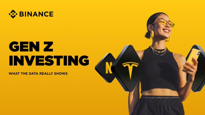 A Binance promotional banner with a yellow background reads 'GEN Z INVESTING - WHAT THE DATA REALLY SHOWS', featuring a smiling woman holding a phone with Tesla (T) and other stock app icons.