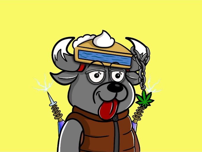 A cartoon illustration of a gray dog character with horns, a blue headband, and a brown vest, holding two spiked objects that are sparking, with a cannabis leaf dangling from a chain.