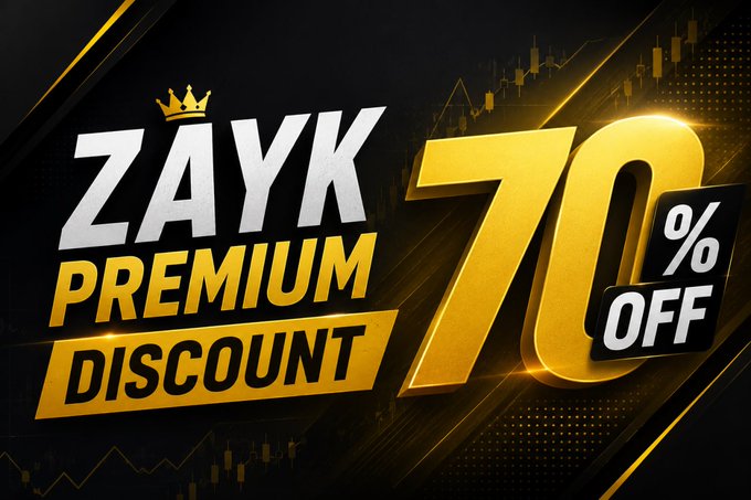 The image displays a promotional banner with "ZAYK PREMIUM DISCOUNT" alongside a bold "70% OFF" message, set against a dark background with gold accents and candlestick chart graphics. The banner visually reinforces the accompanying post's flash sale announcement, advertising discounted access to ZaykCharts' Telegram Premium Signals Channel.