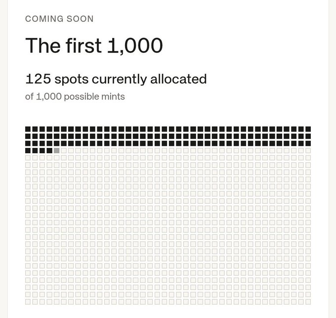 The image shows a "Coming Soon" graphic titled "The first 1,000," indicating 125 spots are currently allocated out of 1,000 possible mints, visualized by a grid of filled and empty squares. This relates to the post's call for followers to secure one of the limited 1,000 spots on @standard_rsv by participating in September.