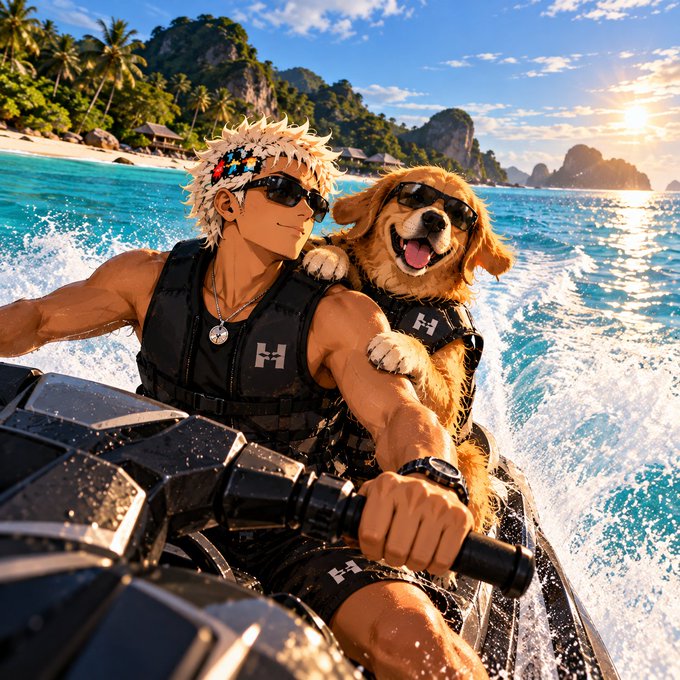 An anime-style illustration depicts a muscular white-haired man wearing sunglasses and a tactical vest riding a jet ski alongside a golden retriever, also wearing sunglasses, through ocean waves with tropical cliffs in the background.
