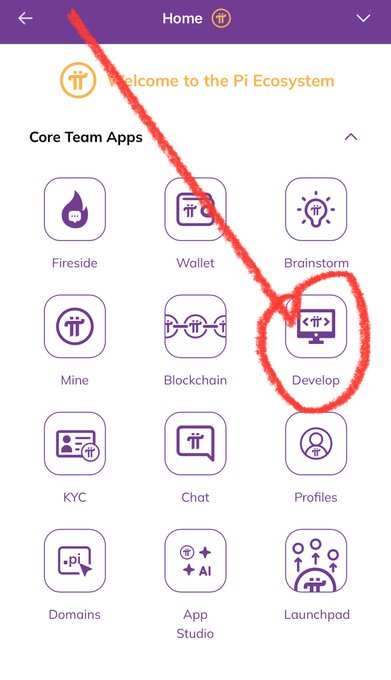 The image shows the Pi Network ecosystem homepage with a red circle highlighting the "Develop" app icon among the Core Team Apps menu (including Fireside, Wallet, Brainstorm, Mine, Blockchain, KYC, Chat, Profiles, Domains, App Studio, and Launchpad), directing Pi developers to access the development platform. This relates to the post by guiding Pi Network Pioneers to the Develop app, where builders without Mainnet wallets can likely find tools to create apps and potentially resolve domain ownership challenges despite missing the first .pi Domains auction.