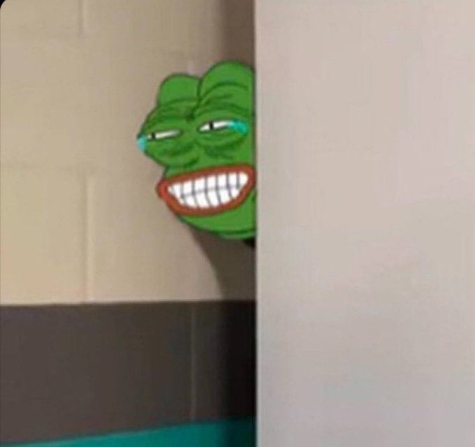 A green Pepe the Frog meme with a wide, toothy grin and streaming tears peeks around a corner in a bathroom. The image humorously pairs with the motivational post, depicting Pepe as a creepily lurking presence to playfully contrast the cheerful "Good Morning" greeting with the reality of being watched by the meme mascot of crypto traders.