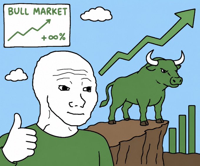 A cartoon Wojak character giving a thumbs up next to a green bull standing on a cliff, with a 'BULL MARKET +∞%' sign and an upward-trending arrow in the background.