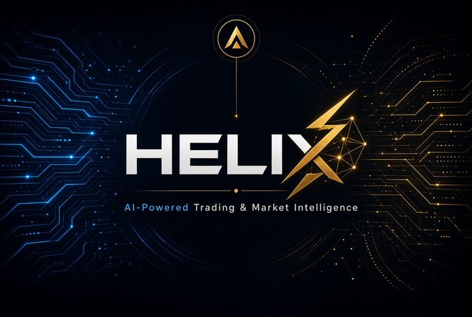 A banner for "HELIX - AI-Powered Trading & Market Intelligence" featuring a lightning bolt logo against a dark circuit-board background.