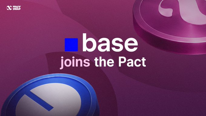 The image features a purple and pink gradient background with the text "base joins the Pact," alongside a small blue square logo for Base and a partial pink coin graphic. In the top left corner is the Pact Swap logo, visually announcing Base's integration into the Pact Swap ecosystem, as referenced in the accompanying post about cross-chain availability for ETH and USDC.