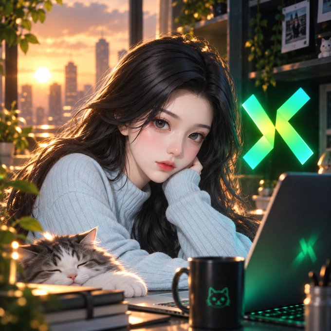An anime-style illustration of a girl with long dark hair resting her chin on her hands at a desk with a sleeping cat, a mug, and a glowing green 'X' logo, with a city sunset visible through the window.