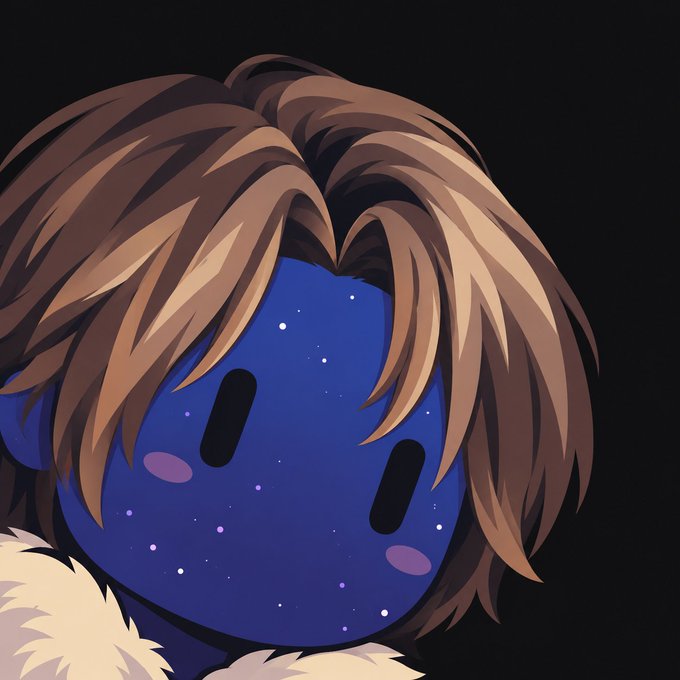 A digital illustration shows a character with messy brown hair, wearing a fluffy white collar, whose face is replaced by a starry night sky pattern in blue and purple.