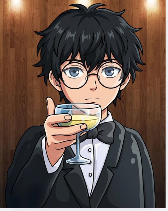 An anime character with black hair and round glasses, wearing a tuxedo with bow tie, holds a glass of yellow liquid in a toast.
