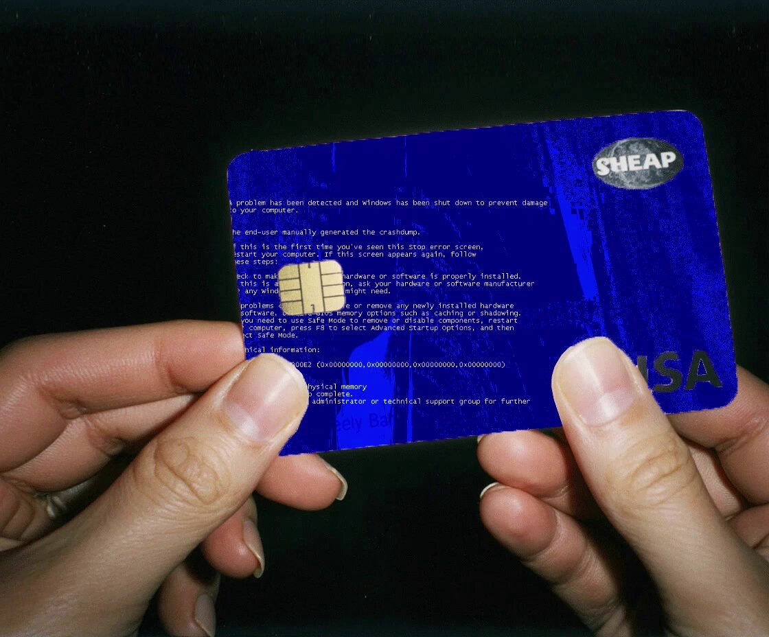 The image shows a person holding a blue credit card with a "sell" message written on it, likely indicating that they have sold some of their Daily program. This action may be related to the posted auction where owning any work from the daily program gives access to the Collector's Mint for Liquidation. The main focus should be on this specific message and its connection to the auction post.
