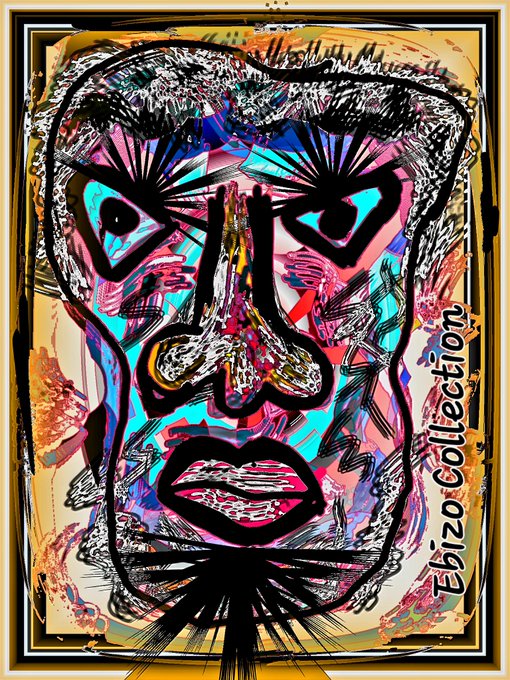 A vibrant, abstract portrait of a face features heavy black outlines and colorful scribbles in pink, blue, and yellow, with the text 'Ebizo Collection' along the right edge.