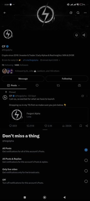 A mobile screenshot shows the X (formerly Twitter) profile for 'CF @fergalpha', with a pinned post announcing the launch of 'Fergani Alpha Line' on Telegram.