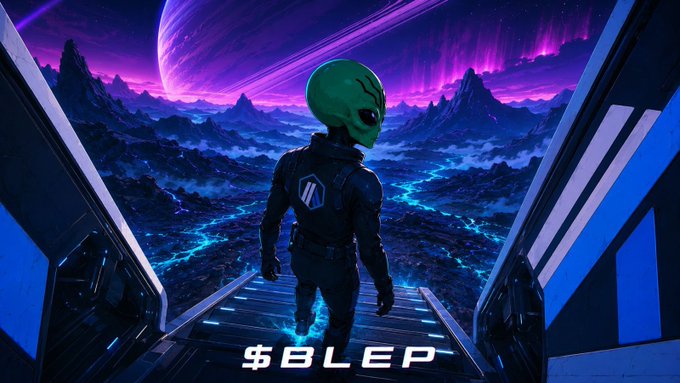 A sci-fi digital artwork showing a green-skinned alien in a spacesuit standing on a metallic walkway, looking out at an alien landscape with a large purple planet and auroras, with the text '$BLEP' at the bottom.