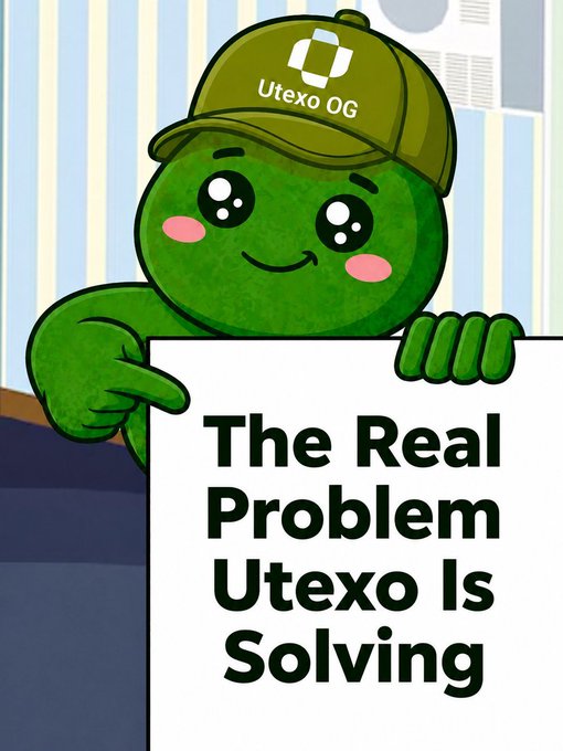A cute green cartoon mascot wearing an olive 'Utexo OG' cap holding a sign that reads 'The Real Problem Utexo Is Solving' against a background of newspapers and a blue sofa.