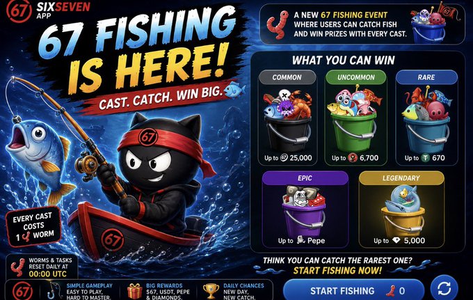 A promotional graphic for the "67 Fishing" event on the SIX SEVEN APP, featuring a black ninja-style cat fishing from a red boat while a large blue fish leaps nearby, with a prize board showing bucket rewards ranging from Common (Up to 25,000) to Legendary (Up to 5,000). The banner advertises "CAST. CATCH. WIN BIG." and details that every cast costs 1 Worm, encouraging users to "START FISHING NOW!"