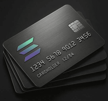 A stack of black credit cards featuring the Solana logo and the card number "1234 5678 9012 3456" with an expiration date of "12/34," symbolizing the compromised Avici crypto card program after a $1.1 million exploit drained user funds and sent AVICI's value plunging 49%.