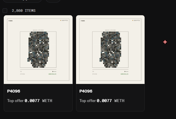 A screenshot of an NFT marketplace interface showing two identical items labeled "P4096", each with a top offer of 0.0077 WETH, displaying a pixelated, dark artwork under a '2,860 ITEMS' filter.