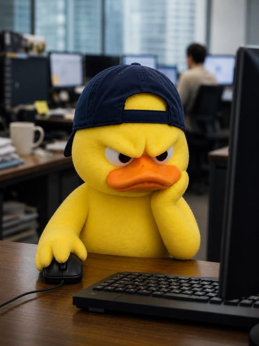 A 3D rendered yellow duck wearing a backward navy baseball cap sits at an office desk looking grumpy while using a computer mouse, with office workers visible in the background.
