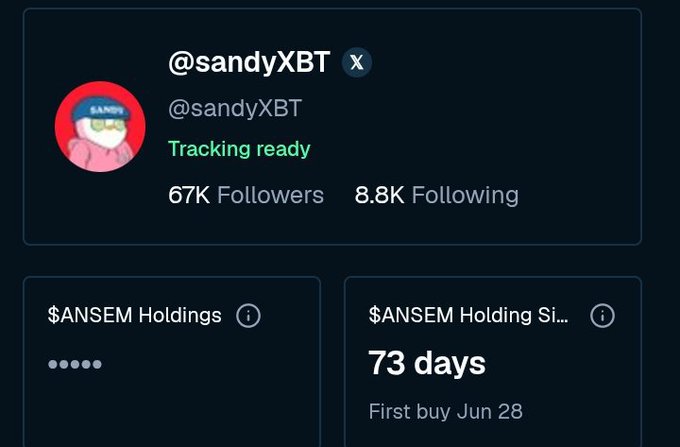 A screenshot of an X profile for '@sandyXBT' with the status 'Tracking ready', 67K followers, and showing $ANSEM holdings tracking at 73 days with first buy June 28.