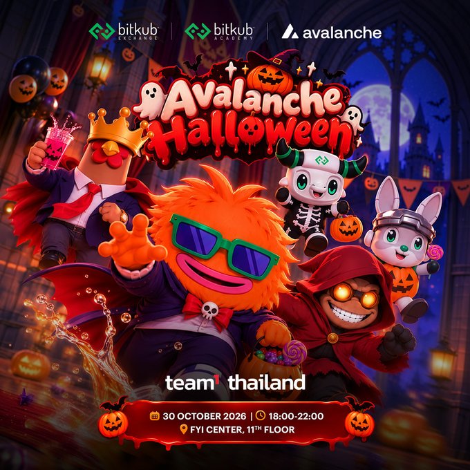 A Halloween-themed promotional poster advertises 'Avalanche Halloween' by Bitkub Exchange and Bitkub Academy on October 30, 2026 at FYI Center featuring cartoon characters in costumes.