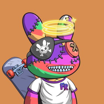 A digital illustration features a colorful, stitched-together character resembling a rabbit with a purple and green face, glowing yellow halo, skull patch over one eye, and a 'FR' logo on its white shirt.