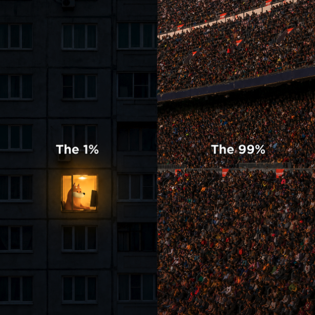 A split image contrasts "The 1%"—depicted as a single lit window in a dark apartment building with a person inside—against "The 99%"—shown as a packed, crowded stadium full of people. The meme reinforces the post's motivational message to "Keep BUIDLING" and "be the 1%," symbolizing the pursuit of exceptional achievement and standing out from the masses.