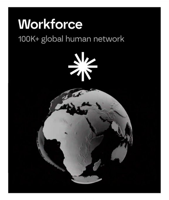 A black graphic displaying 'Workforce 100K+ global human network' above a starburst logo and an image of Earth.