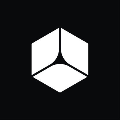 A minimalist logo featuring a white geometric hexagonal/cube design on a black background.