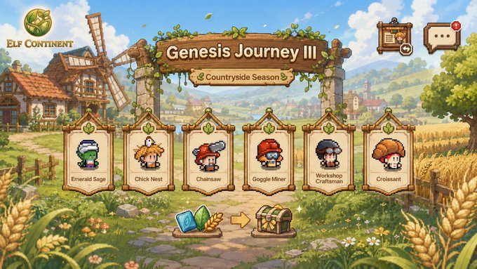A pixel art game menu titled 'Genesis Journey III Countryside Season' showing upgrade options like 'Emerald Sage', 'Chick Nest', and 'Chainsaw'.