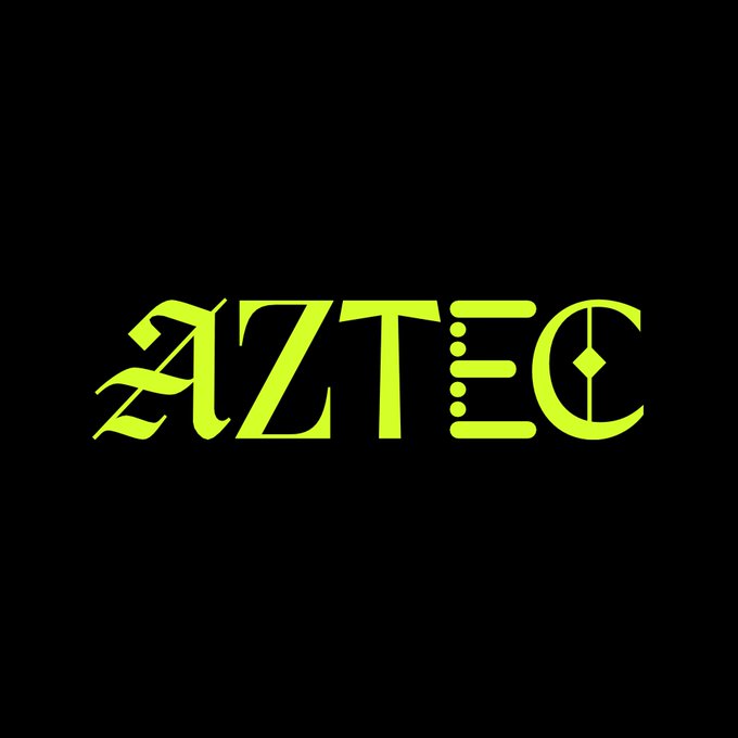 The image features the stylized "AZTEC" logo in bright lime green against a black background, with each letter uniquely designed—particularly the "Z" in an ornate gothic style. The logo visually represents Aztec Labs, the company mentioned in the post for relaunching zk.money, a privacy-focused self-custodial wallet on Ethereum Layer 2.