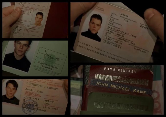 A collage of multiple fraudulent identification documents bearing the names John Michael Kane, Foma Kiniaev, and Paul Kay, featuring photos of the same young man alongside diverse passports, visas, and stamps from countries including Canada, the U.S., Russia, and Morocco. The image visually captures the absurdity of repeatedly fabricating identities—jokingly framing it as a "2027 KYC strategy" forced by constant data leaks, when in reality it depicts Matt Damon's character in a spy-thriller spoof crafting multiple aliases.