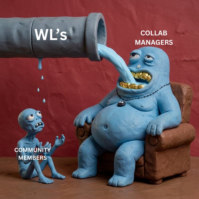 A claymation-style satirical image shows a large, gold-toothed blue figure labeled "COLLAB MANAGERS" greedily drinking from a cannon labeled "WL's" while a smaller, emaciated blue figure labeled "COMMUNITY MEMBERS" sits helplessly below, watching drops trickle past—visually depicting how collaboration managers hoard most of the whitelist allocations meant for their communities.